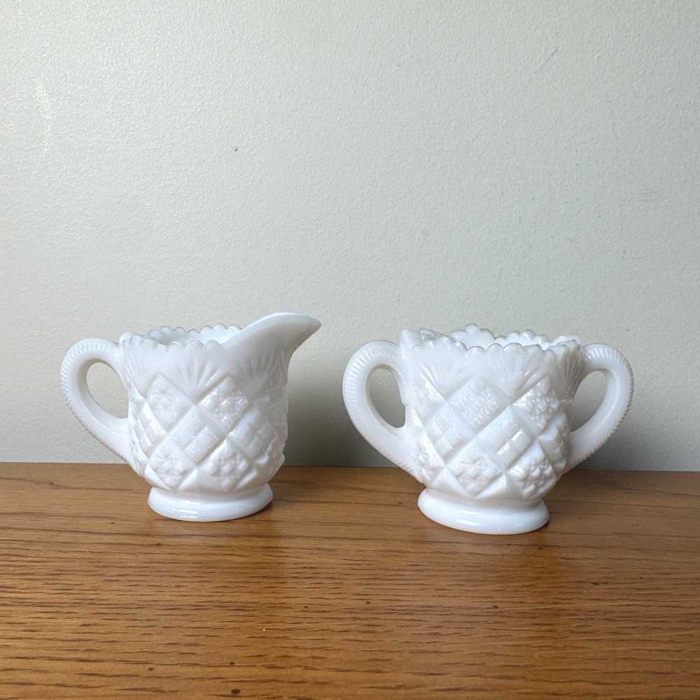 Westmoreland Vintage Milk‎ Glass Creamer & Sugar Bowl Diamond Quilted Pattern